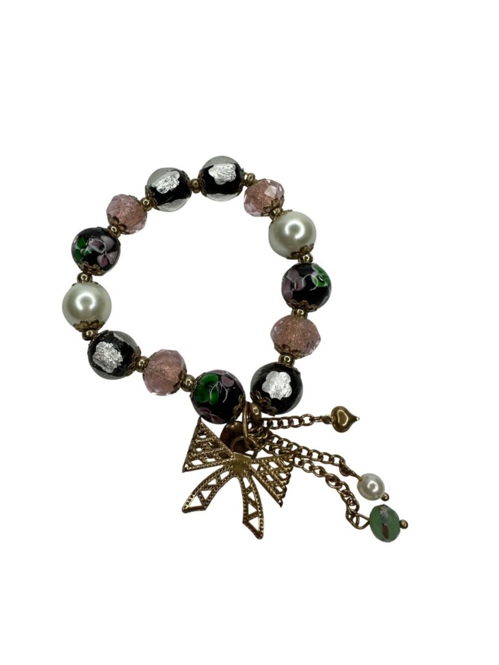 Betsey Johnson Glass Bead Stretch Bracelet Bow Charm Chunky Whimsical